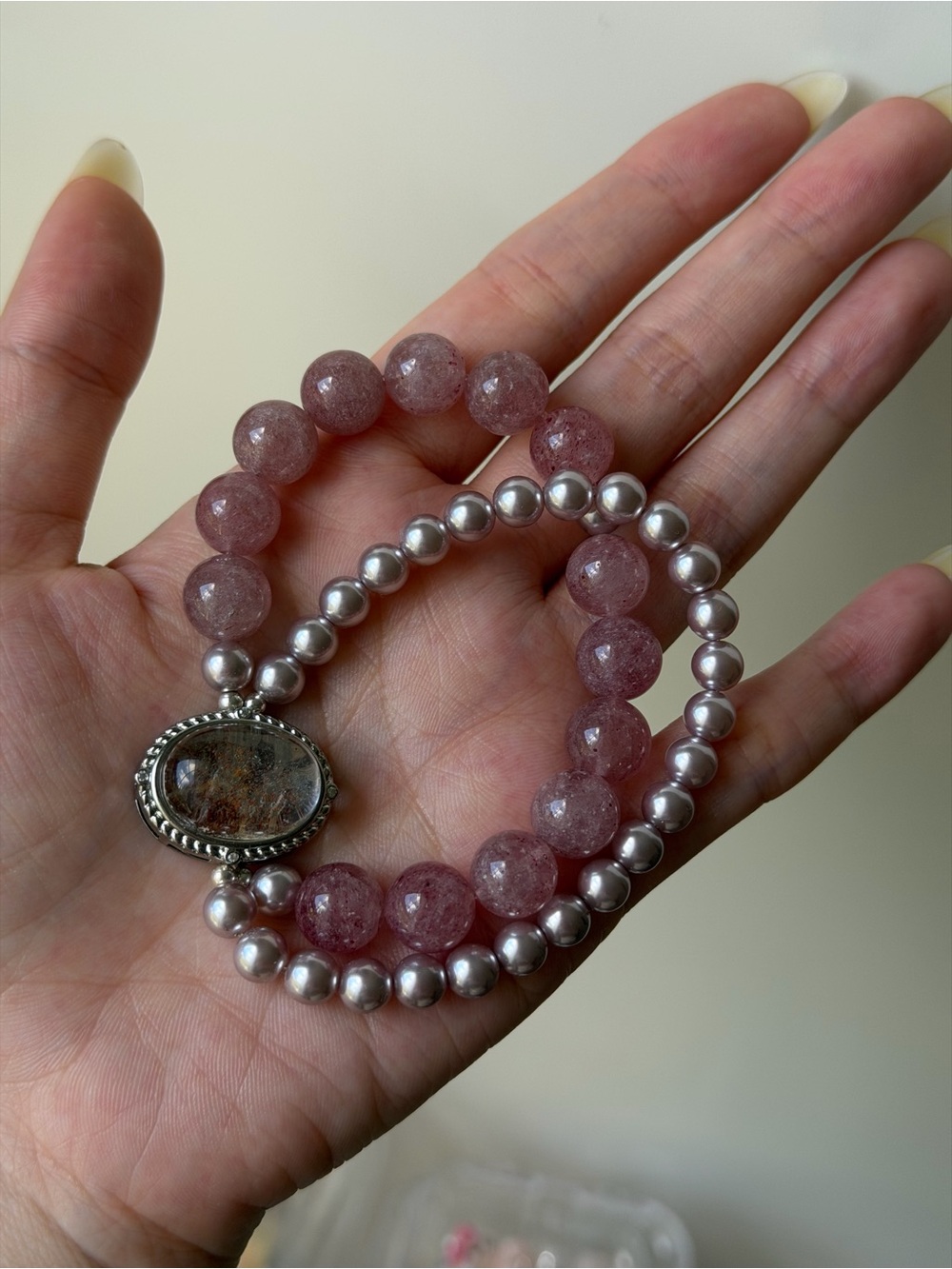 Handmade Pink Beaded Double-Strand Bracelet with Silver Accent